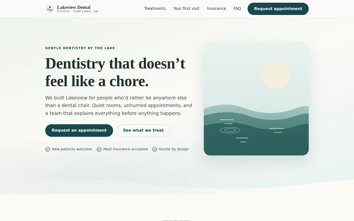 Concept homepage for Lakeview Dental Studio — calm hero, treatment list, and appointment request form — desktop view