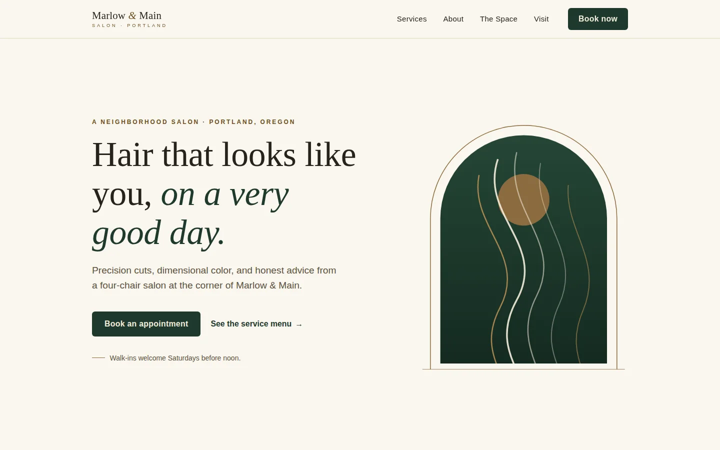 Concept homepage for Marlow & Main, a neighborhood hair salon — service menu and booking call to action — desktop view
